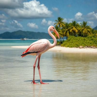 The primary subject of the image is a large pink flamingo standing in the water. The setting is a beach with a sandy shore and palm trees in the background. The visual style is a photo, capturing the flamingo in its natural habitat. The colors and mood of the image are vibrant and lively, with the pink flamingo being the main focus and the beach and palm trees providing a serene and tropical backdrop.